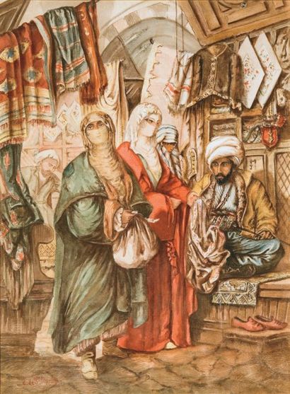 C. DE SAINT MARTIN (XIXème siècle - XXème siècle) Trois femmes chez le marchand d'étoffes...