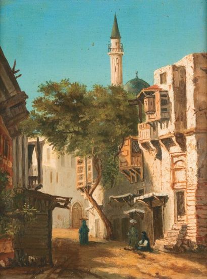 Ecole Orientaliste (fin XIXème - début XXème siècle) Rue animée en Turquie Huile...