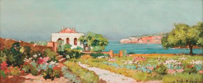 Eugène DESHAYES (1828-1890) Maison fleurie en bord de mer Huile sur panneau, signée...