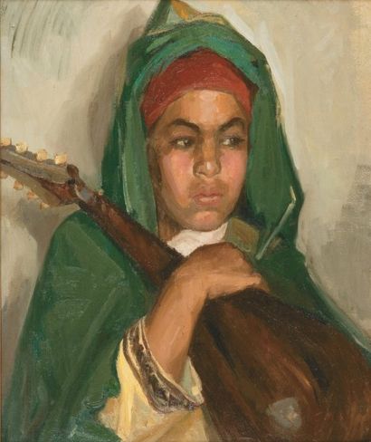 Odette BRUNEAU (1891-1984) Jeune garçon à la cithare Huile sur toile. 55 x 46 cm
