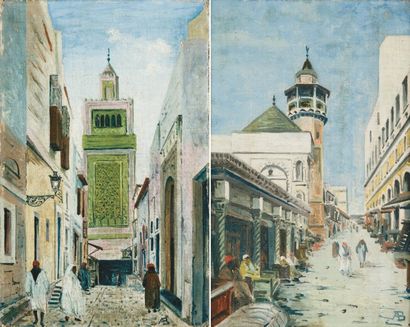 Ecole Orientaliste du XX ème siècle Rues animées à Tunis Paire d'huiles sur toile...