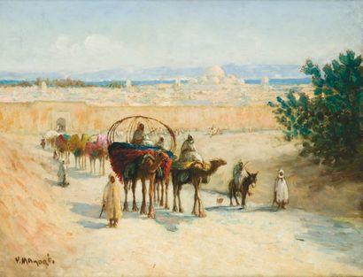 Vincent MANAGO (1880-1936) Caravane sortant de Tunis. Huile sur toile, signée en...