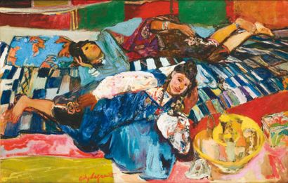 Edy LEGRAND (1892-1970) Deux femmes allongées sur une couverture à carreaux Huile...