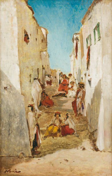 Maxime NOIRÉ (1861-1927) Femmes dans les rues de la Casbah Huile sur panneau, signée...