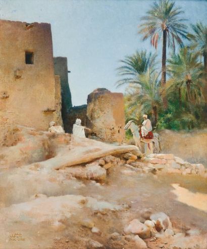 Paul LEROY (1860-1942) Cavalier dans l'oasis Huile sur toile, signée en bas à gauche....