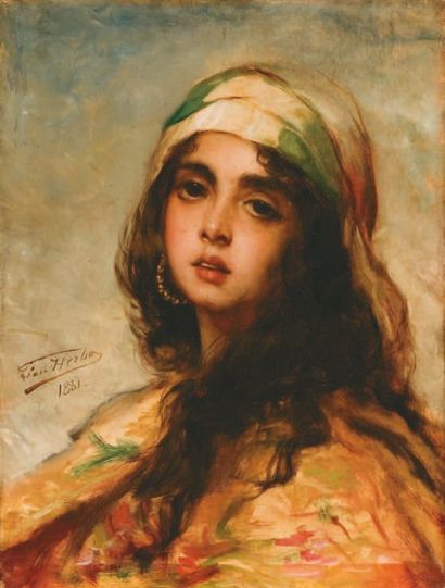Leon HERBO (1850-1907) Jeune fille au foulard Huile sur panneau, signée en bas à...