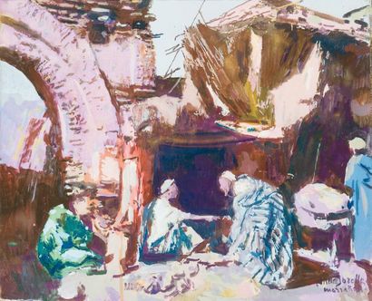 Jacques MAJORELLE (1886-1962) Ruelle du souk à Marrakech Huile sur toile, signée...