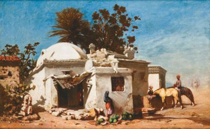 Paul DELAMAIN (1821-1882) « La halte à la fontaine » Huile sur toile, signée en bas...