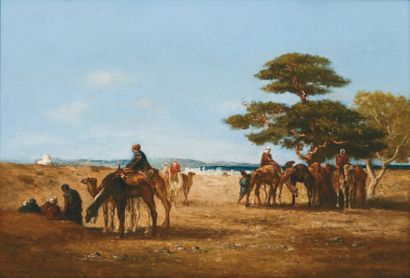 Eugène FROMENTIN (1820-1876) La halte de la caravane Huile sur toile, signée en bas...