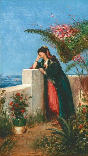 Georges-Antoine ROCHEGROSSE (1859-1938) Rêverie sur la terrasse Huile sur panneau...