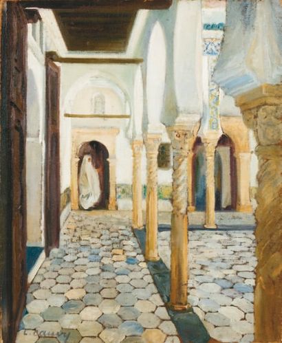 Léon CAUVY (1874-1933) Le patio du Palais Huile sur toile, signée en bas à droite....