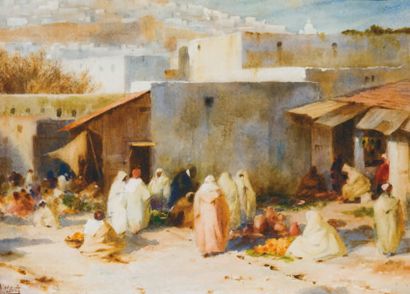 Antonio Maria FABRES Y COSTA (1855-1938) Marché à Tanger Aquarelle, signée en bas...