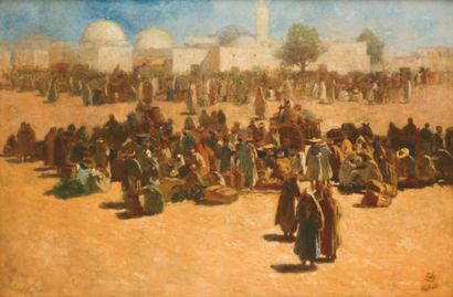 Ödön TULL (1870-1911) Place animée devant la mosquée, Tunisie Huile sur toile, signée...