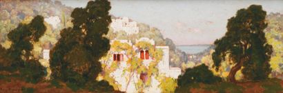 Eugène DESHAYES (1828-1890) Les jardins de la villa mauresque Huile sur panneau,...