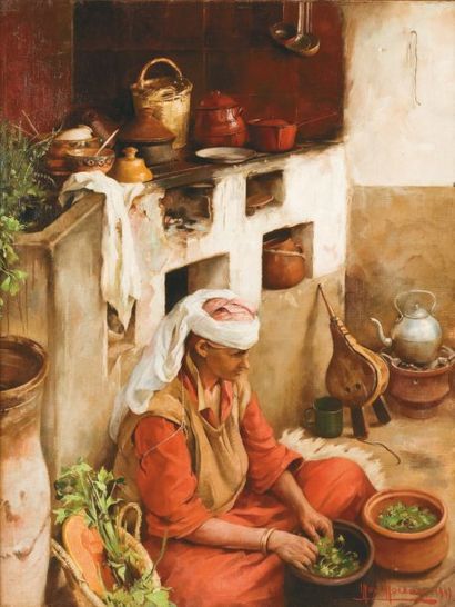 Max MOREAU (1902-1992) Cuisine marocaine Huile sur toile, signée en bas à droite...