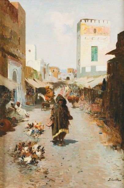 Daniel CORTES (1873-1919) Ecole Espagnole Scène de rue, Maroc Huile sur toile, signée...