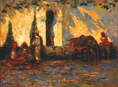 Charles Henri DAGNAC-RIVIERE (1864-1945) Marocains à la fontaine Huile sur panneau,...