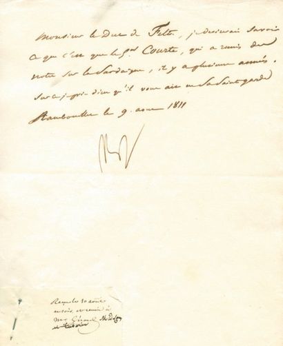 null Les «notes» du Général Courte - Lettre signée NP, adressée au Duc de Feltre,...