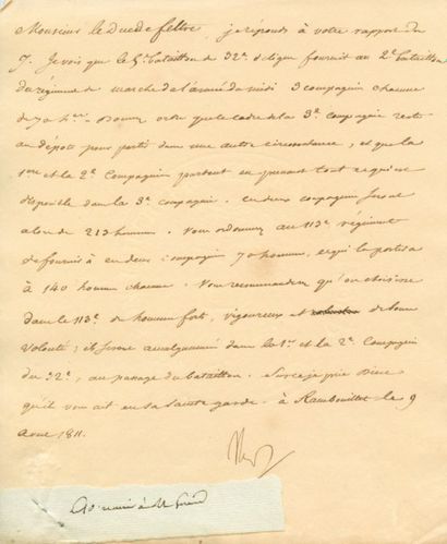 null Réformation des bataillons - Lettre signée Nap, adressée au Duc de Feltre, rédigée...