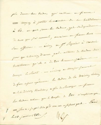 null Formation de Bataillons - Lettre signée NP, adressée au Duc de Feltre, (3 pp...