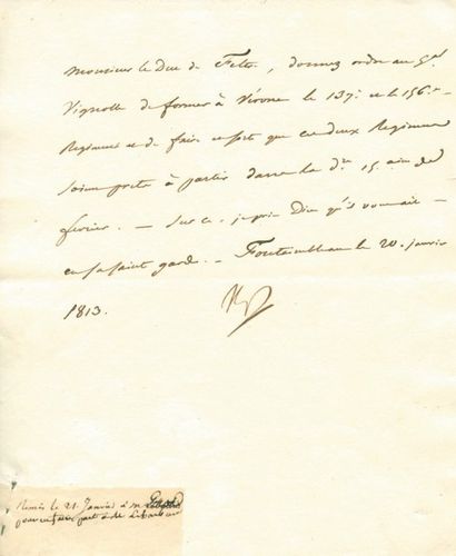 null Formation de régiments à Vérone par le Général Vignolle - Lettre signée NP,...