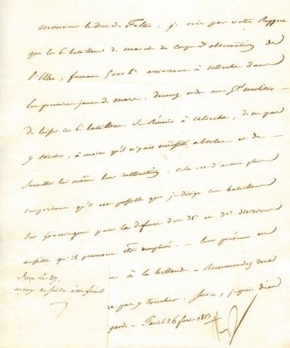 null Arrivée de 6 bataillons à Utrecht - Lettre signée NP, adressée au Duc de Feltre,...