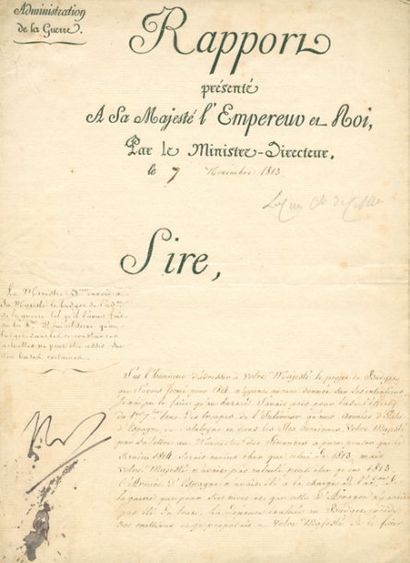 LACUE Jean Gérard, Comte de Cessac (1753-1841). Rapport signé par le Comte de Cessac...