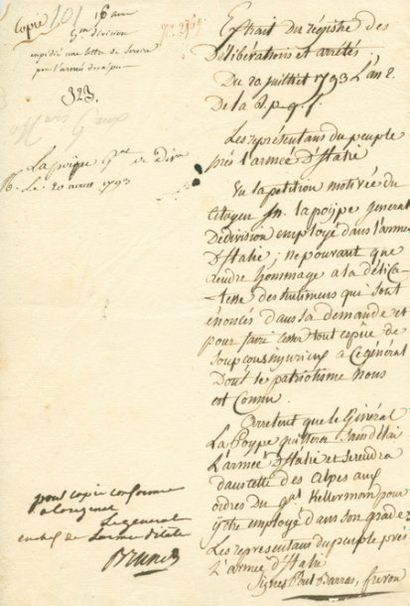 BRUNE Guillaume Marie-Anne (Brive 1763-1815) Copie d'un extrait du registre des délibérations...