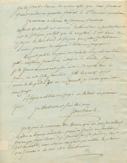 JOURDAN Jean-Baptiste (Limoges 1762-1833). Lettre autographe signée adressée de Paris,...