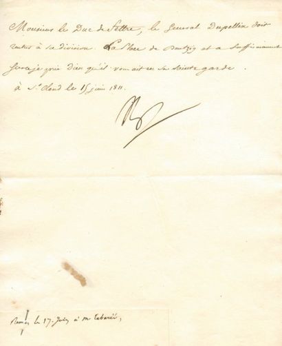 null Général Dupellin - Lettre signée NP, adressée au Duc de Feltre (1/4 pp - in-4...