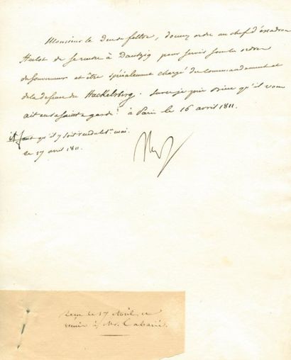 null Mission du Chef d'escadron Hulot à Dantzig - Lettre signée Nap, adressée au...