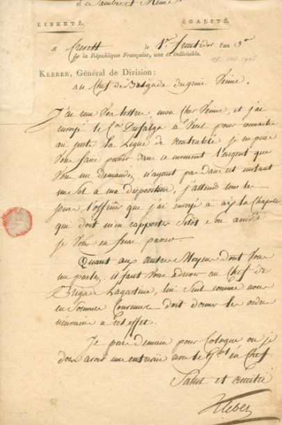 KLEBER Jean Baptiste (Strasbolurg, 1753-1800). Lettre signée, adressée de Crevelt...
