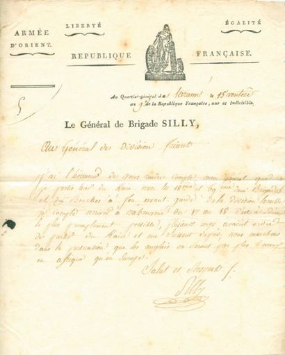 SILLY Pierre Louis. Lettre autographe signée à l'en-tête de l'armée d'Orient, adressée...