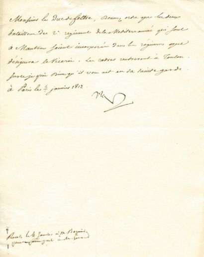 null Ordonnancement du 2e régiment de la Méditerranée - Lettre signée Nap, adressée...