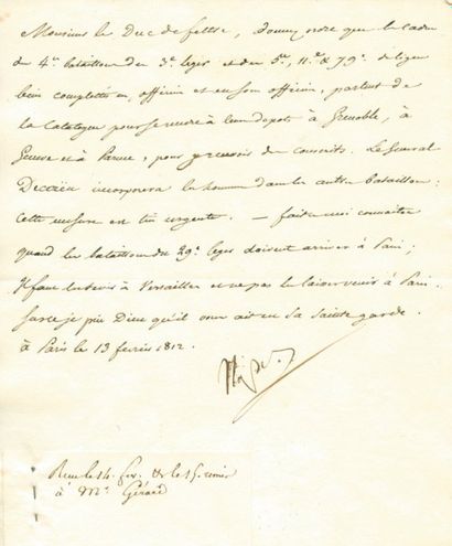 null Départ des Bataillons de Catalogne pour Grenoble, Genève et Parme - Lettre signée...