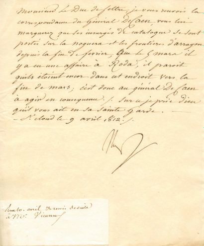 null Relative à la Correspondance du Général Decaën - Lettre signée Nap, adressée...