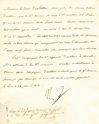 null Affectation de chevaux - Lettre signée Np avec large paraphe, adressée au Duc...