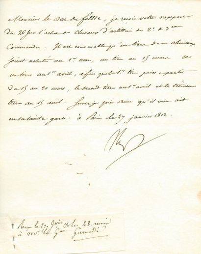 null Achat des chevaux d'artillerie - Lettre signée Nap, adressée au Duc de Feltre...
