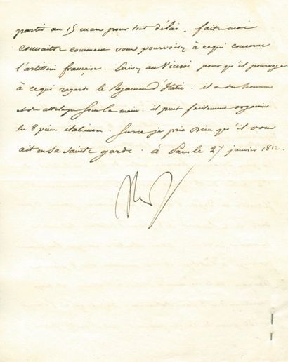null Attelage des trains d'artillerie français et italien - Lettre signée Nap, adressée...