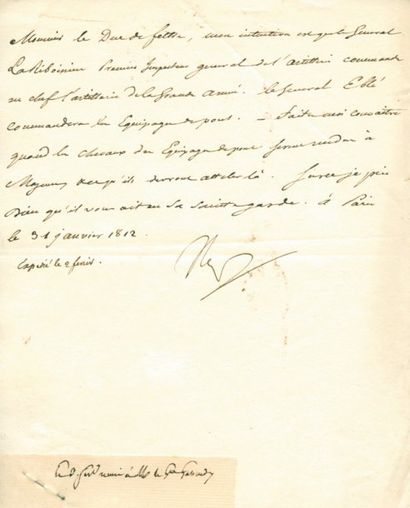 null Nomination du Général Lariboissière à la tête de l'artillerie de la Grande Armée...