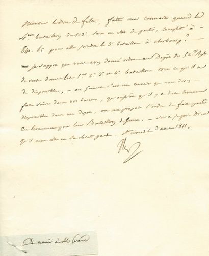 null Réaménagement du Bataillon de Cherbourg - Lettre signée Nap, adressée au Duc...