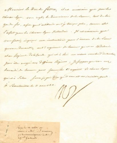 null Problème de lances aux Chevau-Légers - Lettre signée NP, adressée au Duc de...