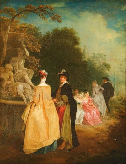 Attribué à Philippe MERCIER (1689-1760) Scène galante dans un parc. Huile sur toile....