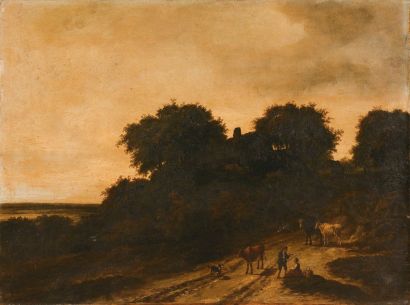 Georges MICHEL (1763 - 1843) Scène pastorale sur un chemin. Papier marouflé sur toile....