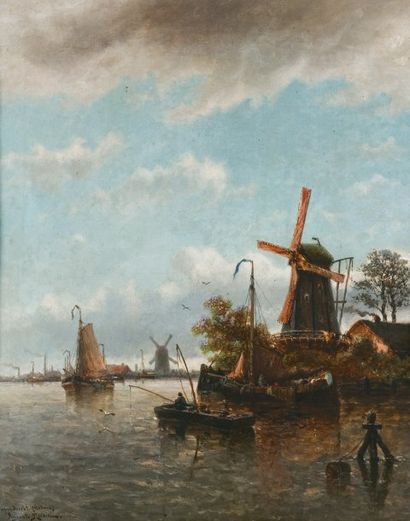 Auguste Henri MUSIN (1852-1920) Vue de Papendrecht. Huile sur toile, signée en bas...