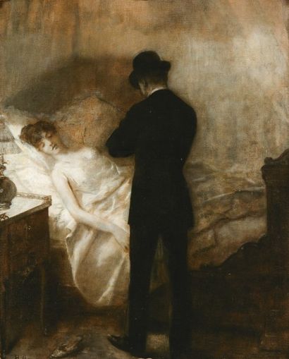 Henri GERVEX (1852-1929) « La visite du médecin » Huile en grisaille sur toile, signée...