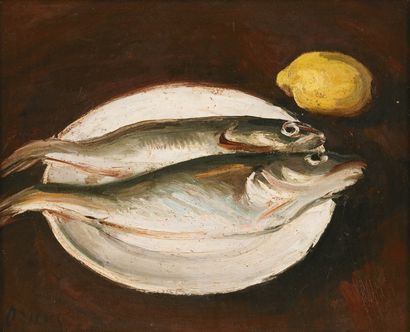 Takanori OGUISS (1901-1986) Deux poissons sur une assiette et un citron. Huile sur...