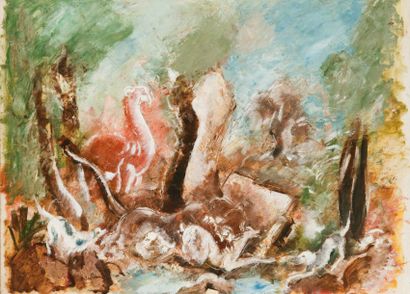 Charles DUFRESNE (1876-1938) Lionne attaquant une gazelle. Aquarelle, signée en bas...