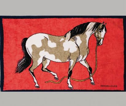 null HERMES Paris made in France *Drap de bain en éponge à décor de cheval. Très...