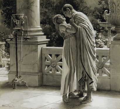 Fortunino MATANIA (1881-1963) Cléopâtre et Jules César Lavis et gouache blanche,...